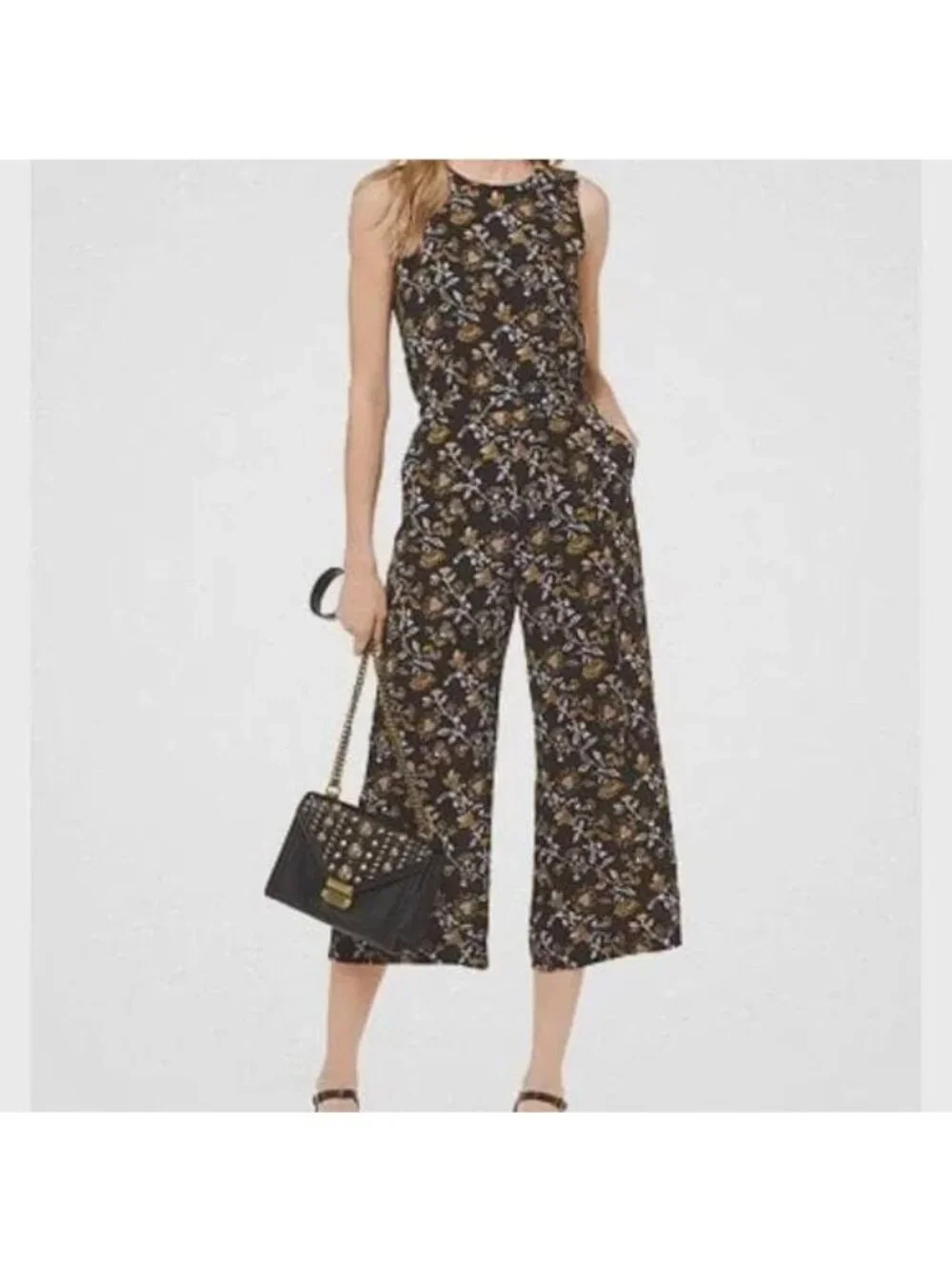 Michael Kors Sleeveless Black Floral capri jumpsuit size 0 PTP 16 length 48.5